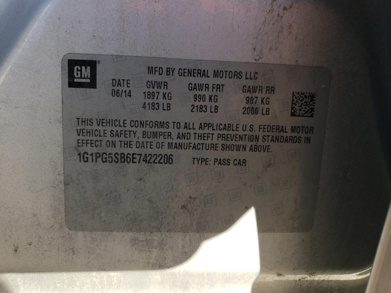 2014 Chevrolet Cruze VIN 1G1PG5SB6E7422206 Copart auction photo, hail damage thumbnail 12