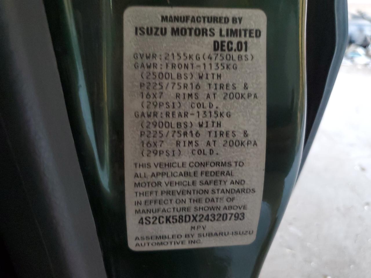2002 Isuzu Rodeo VIN 4S2CK58DX24320793 Copart auction photo, front end / side damage thumbnail 14