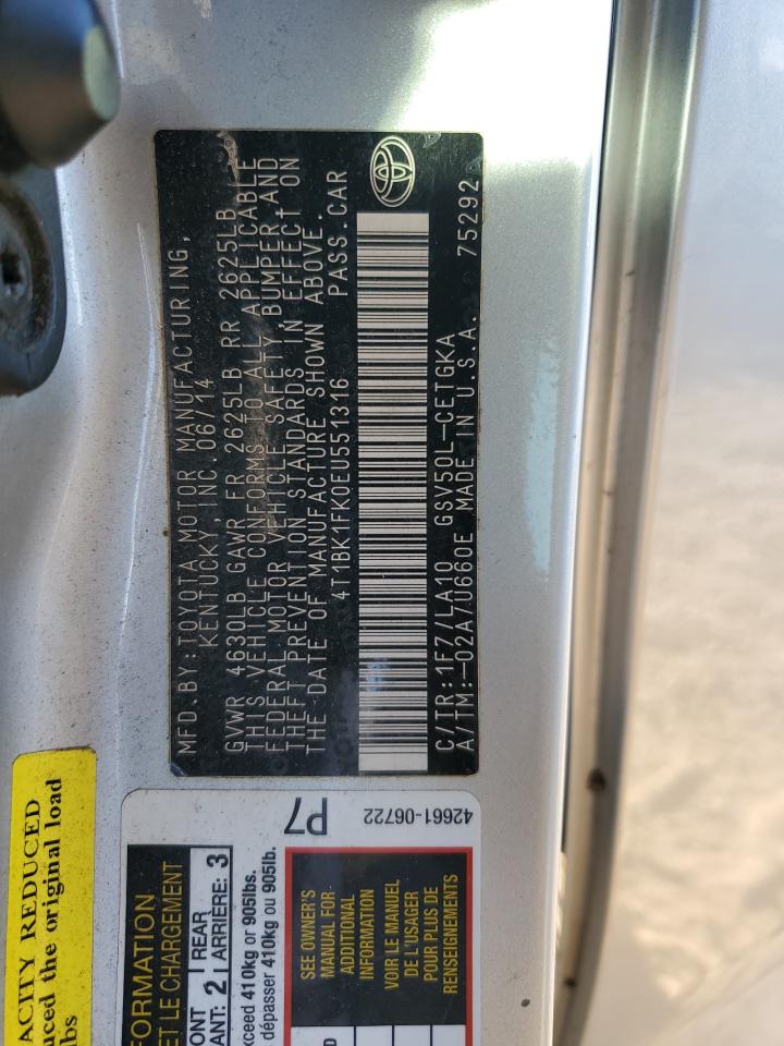 2014 Toyota Camry VIN 4T1BK1FK0EU551316 Copart auction photo, rear end damage thumbnail 13