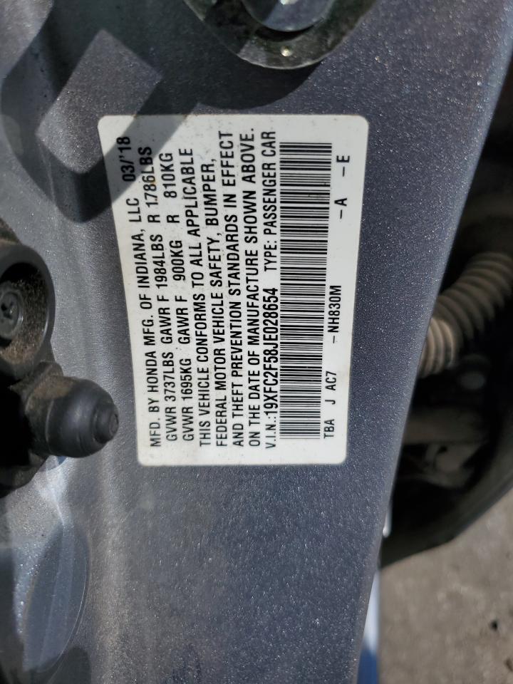 2018 Honda Civic VIN 19XFC2F58JE028654 Copart auction photo, rear end damage thumbnail 12