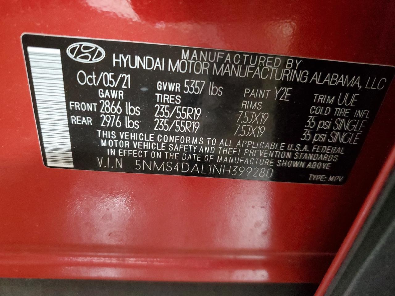 2022 Hyundai Santa Fe VIN 5NMS4DAL1NH399280 Copart auction photo, front end / mechanical damage thumbnail 14