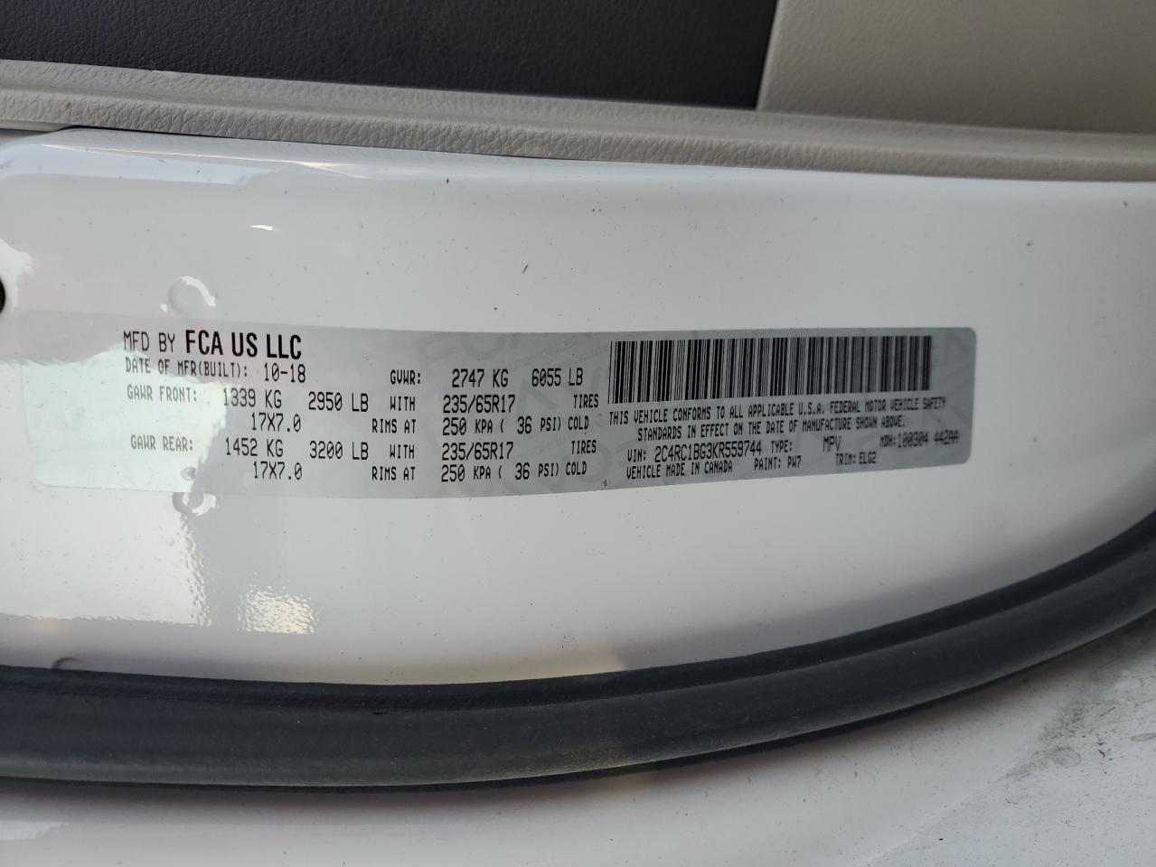 2019 Chrysler Pacifica VIN 2C4RC1BG3KR559744 Copart auction photo, rear end / front end damage thumbnail 14