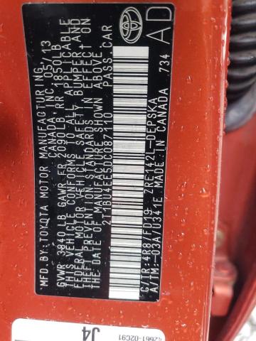 2013 Toyota Corolla VIN 2T1BU4EE5DC087110 Copart auction photo, rear end damage thumbnail 12