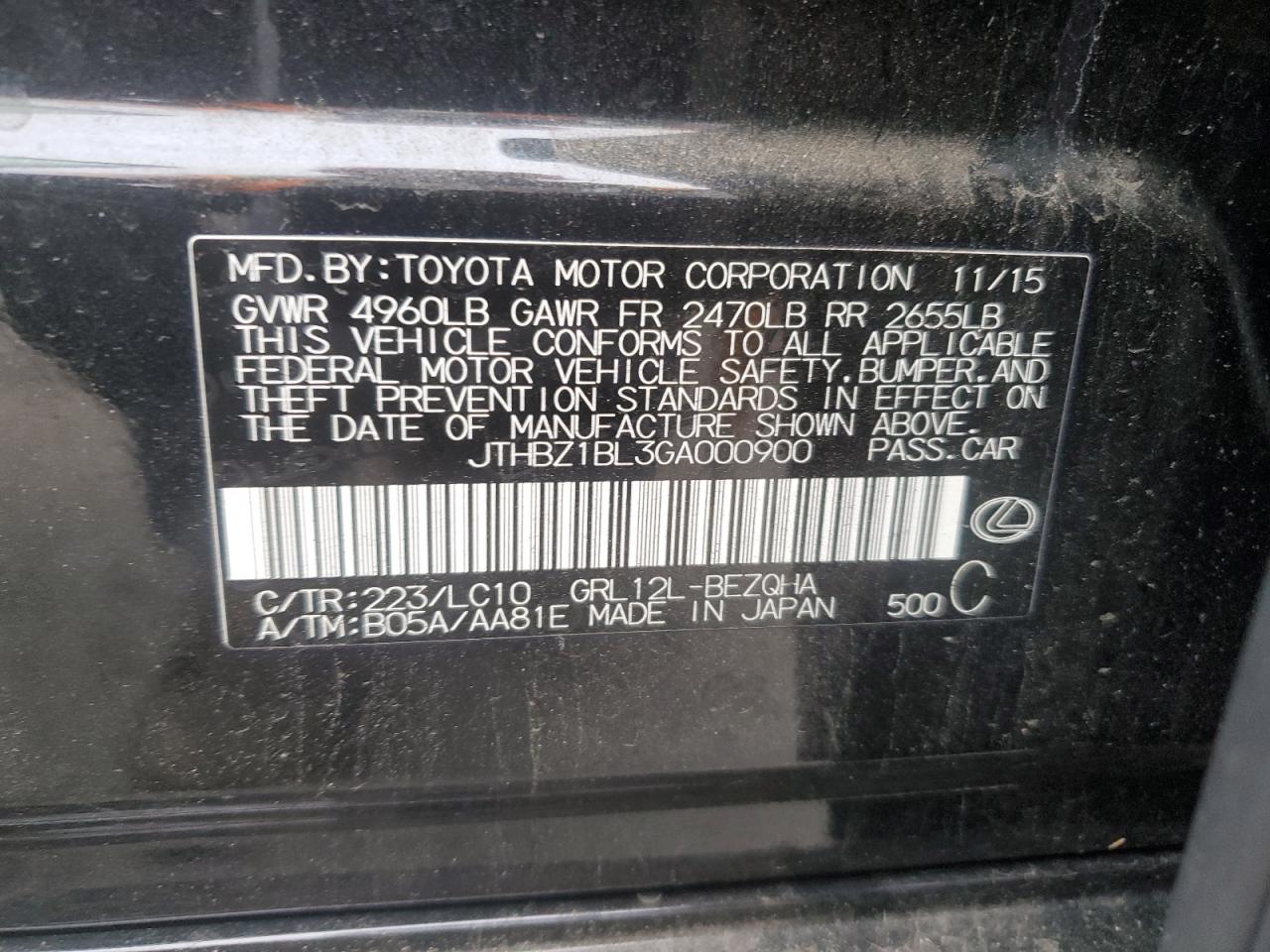 2016 Lexus GS VIN JTHBZ1BL3GA000900 Copart auction photo, front end damage thumbnail 12