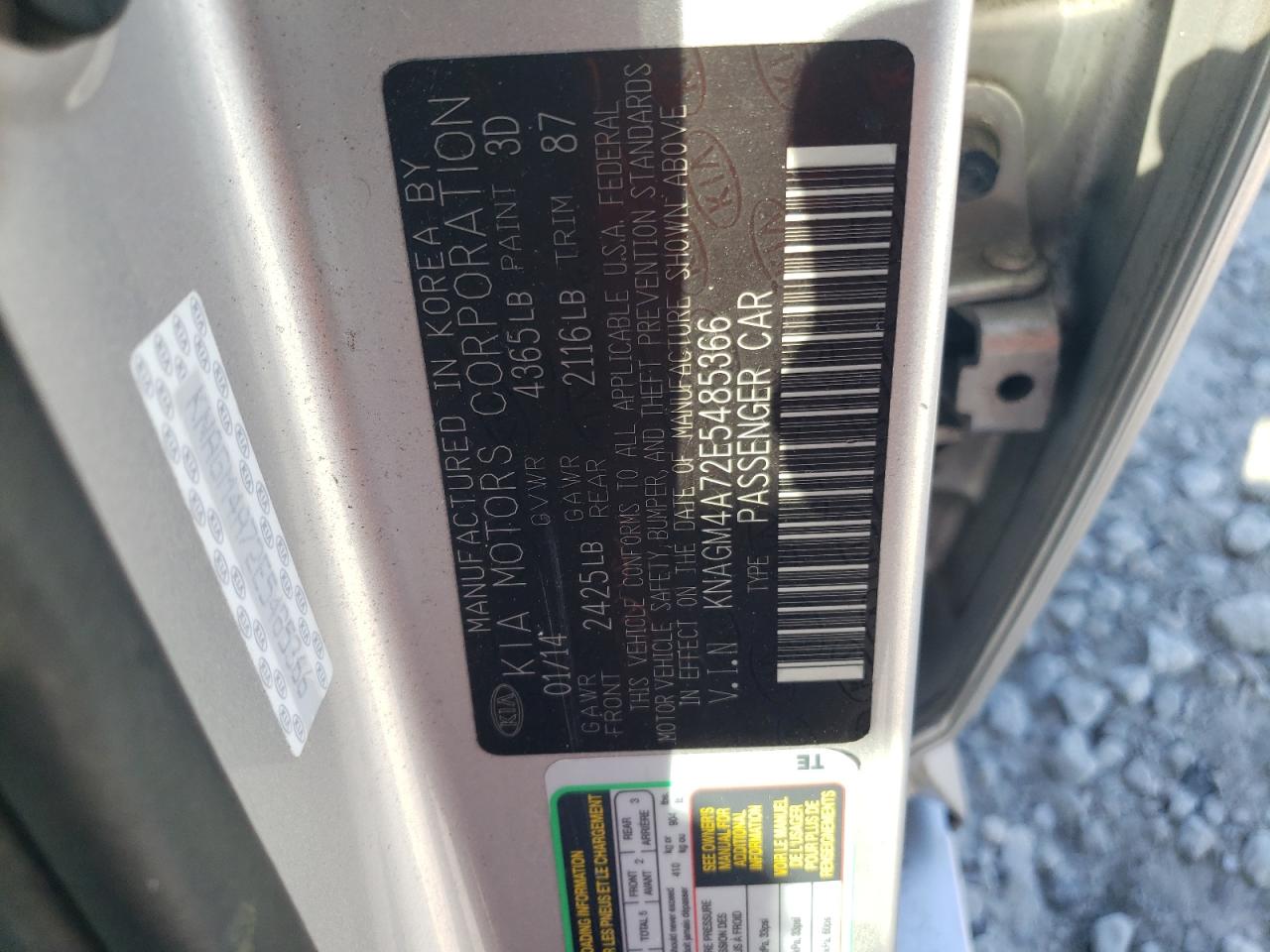 2014 KIA Optima VIN KNAGM4A72E5485366 Copart auction photo, front end / mechanical damage thumbnail 12