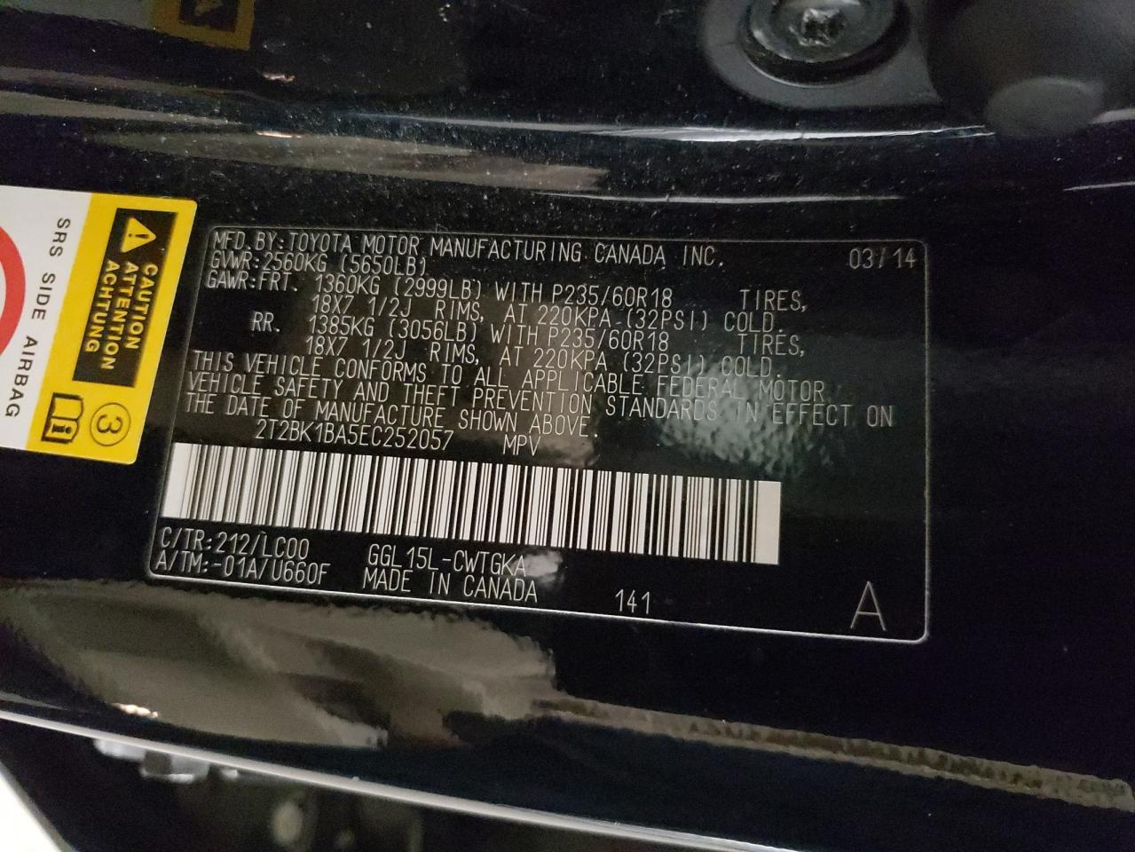 2014 Lexus RX VIN 2T2BK1BA5EC252057 Copart auction photo, front end damage thumbnail 13