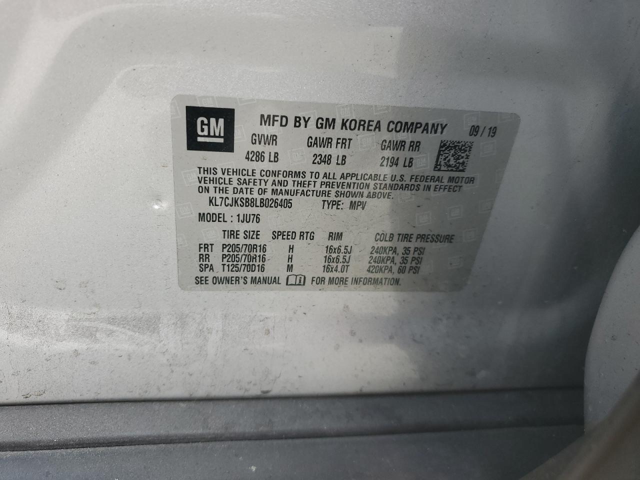 2020 Chevrolet Trax VIN KL7CJKSB8LB026405 Copart auction photo, front end damage thumbnail 14