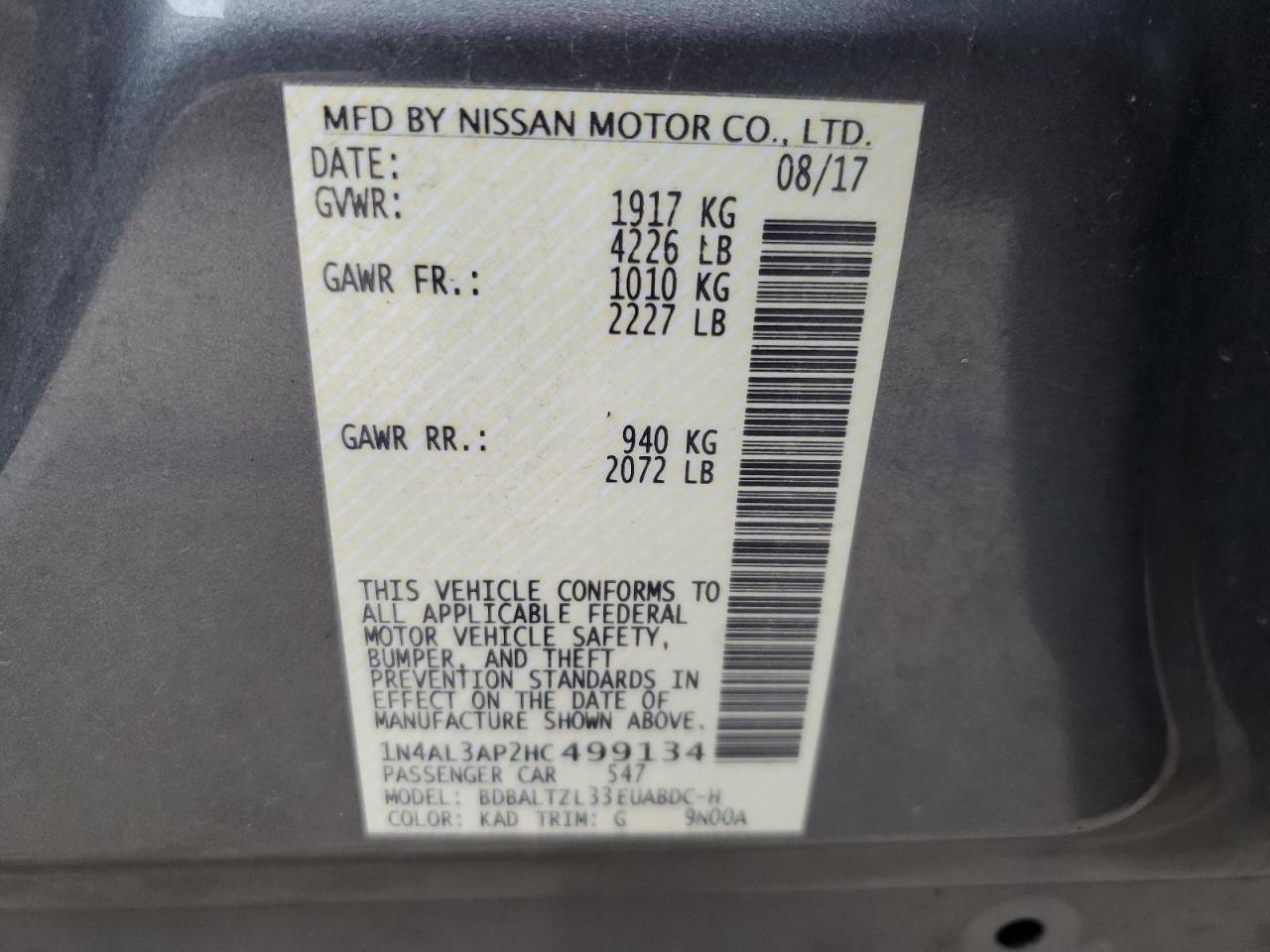 2017 Nissan Altima VIN 1N4AL3AP2HC499134 Copart auction photo, front end / side damage thumbnail 13