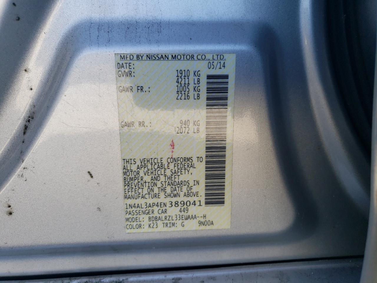 2014 Nissan Altima VIN 1N4AL3AP4EN389041 Copart auction photo, all over / minor dent/scratches damage thumbnail 12