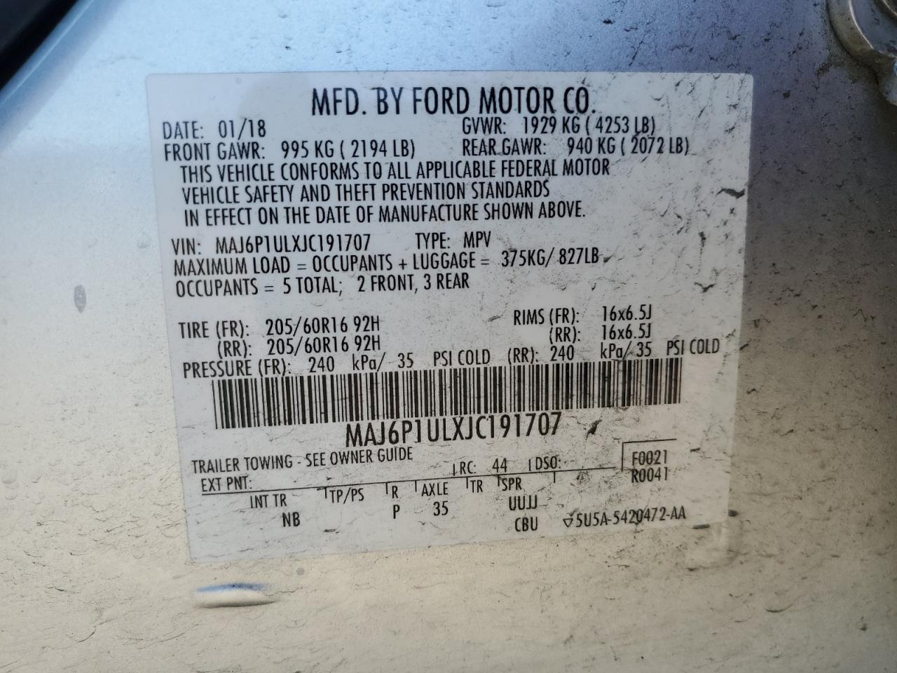 2018 Ford EcoSport VIN MAJ6P1ULXJC191707 Copart auction photo, all over damage thumbnail 13