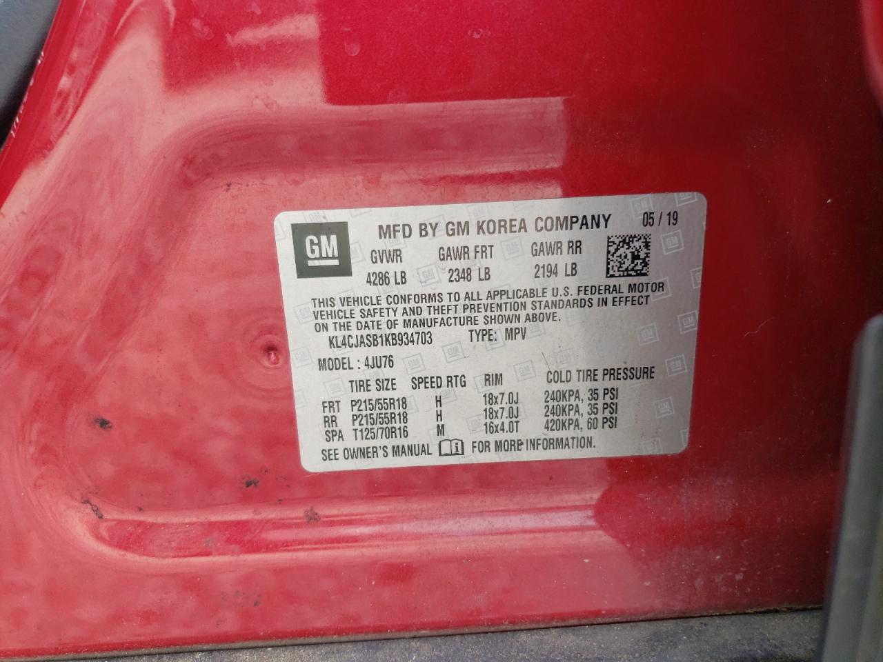 2019 Buick Encore VIN KL4CJASB1KB934703 Copart auction photo, front end / minor dent/scratches damage thumbnail 14