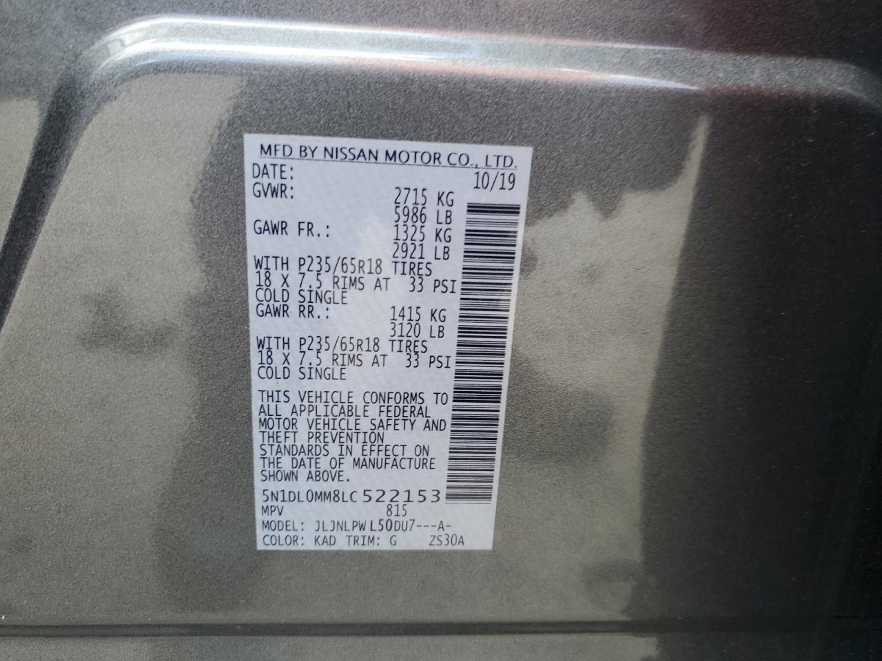 2020 Infiniti QX60 VIN 5N1DL0MM8LC522153 Copart auction photo, side / rear end damage thumbnail 13