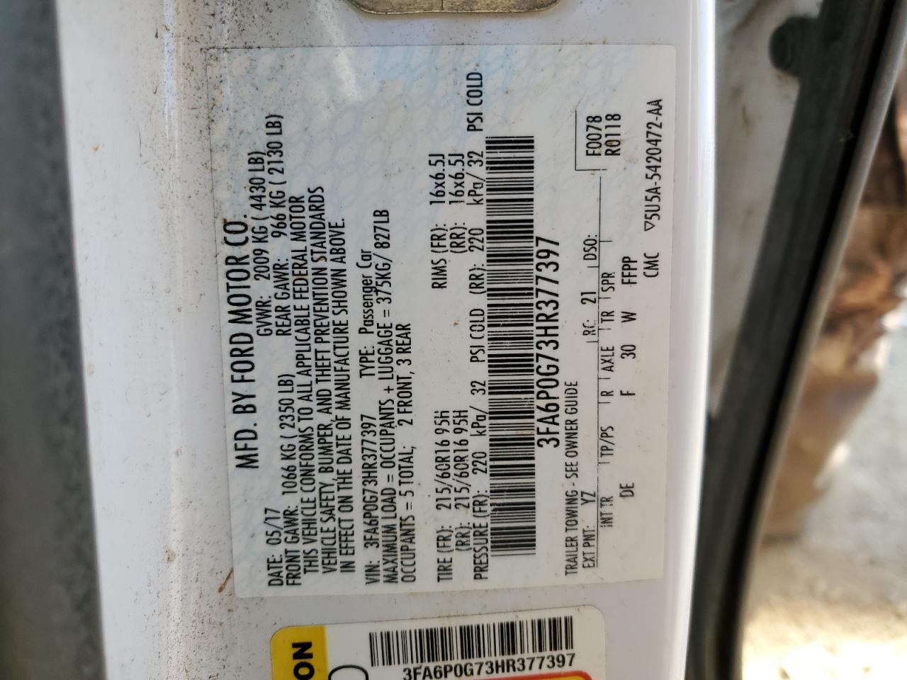 2017 Ford Fusion VIN 3FA6P0G73HR377397 Copart auction photo, front end / rear end damage thumbnail 13