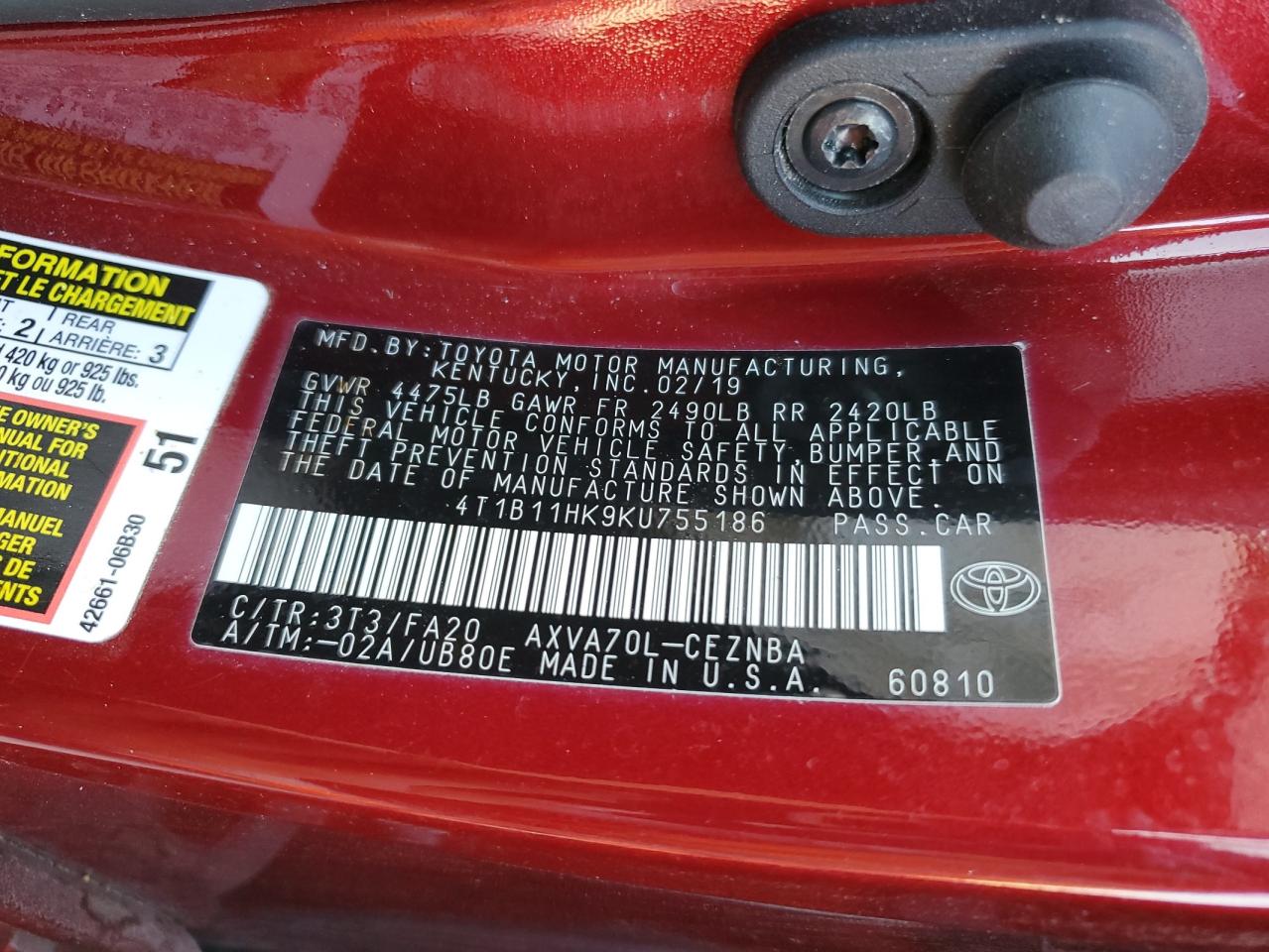 2019 Toyota Camry VIN 4T1B11HK9KU755186 Copart auction photo, all over damage thumbnail 13