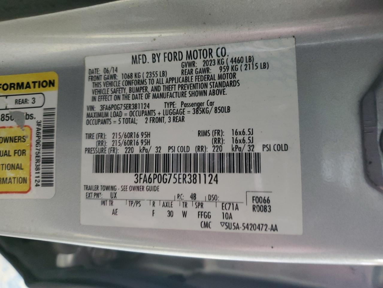 2014 Ford Fusion VIN 3FA6P0G75ER381124 Copart auction photo, all over damage thumbnail 14