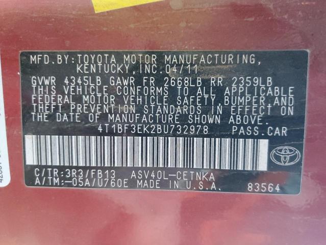2011 Toyota Camry VIN 4T1BF3EK2BU732978 Copart auction photo, front end / minor dent/scratches damage thumbnail 12