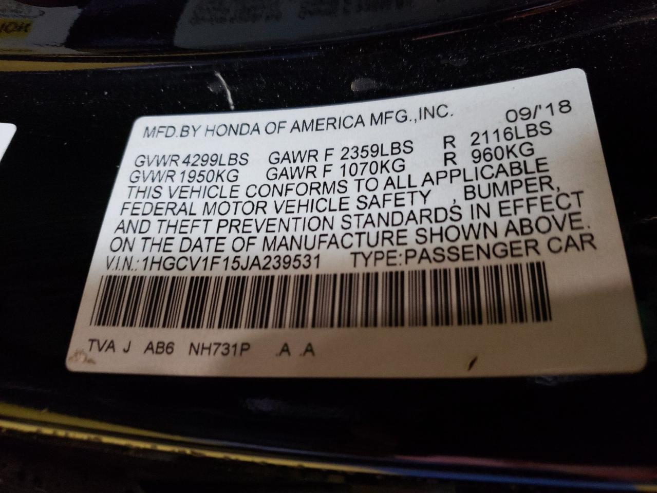 2018 Honda Accord VIN 1HGCV1F15JA239531 Copart auction photo, front end / minor dent/scratches damage thumbnail 13