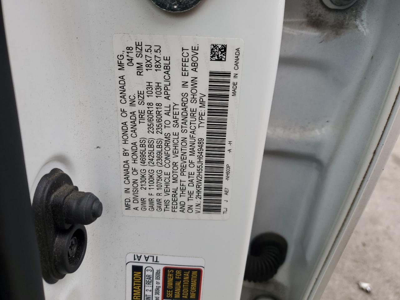 2018 Honda CR-V VIN 2HKRW2H55JH649489 Copart auction photo, rear end damage thumbnail 13