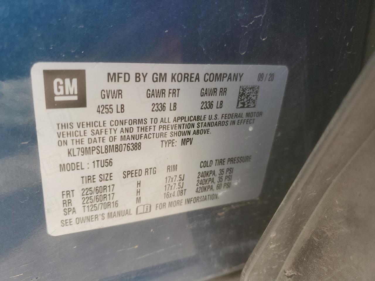2021 Chevrolet TrailBlazer VIN KL79MPSL8MB076388 Copart auction photo, rear end damage thumbnail 15