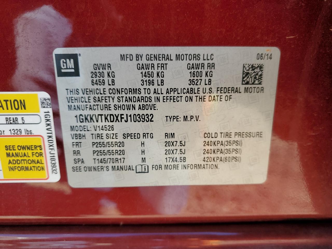 2015 GMC Acadia VIN 1GKKVTKDXFJ103932 Copart auction photo, front end damage thumbnail 13