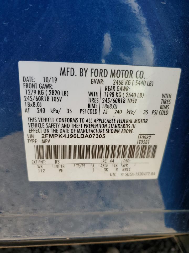 2020 Ford Edge VIN 2FMPK4J96LBA07305 Copart auction photo, front end / side damage thumbnail 13