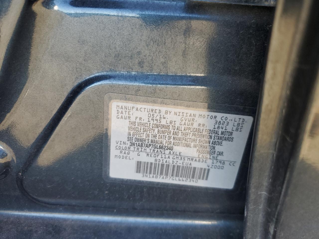 2016 Nissan Sentra VIN 3N1AB7AP7GL662340 Copart auction photo, side / rear end damage thumbnail 14