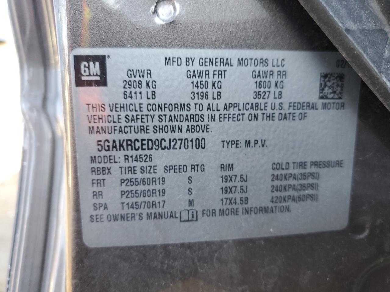 2012 Buick Enclave VIN 5GAKRCED9CJ270100 Copart auction photo, rear end damage thumbnail 13