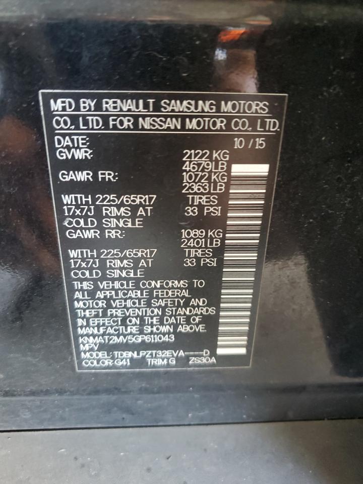 2016 Nissan Rogue VIN KNMAT2MV5GP611043 Copart auction photo, front end damage thumbnail 12