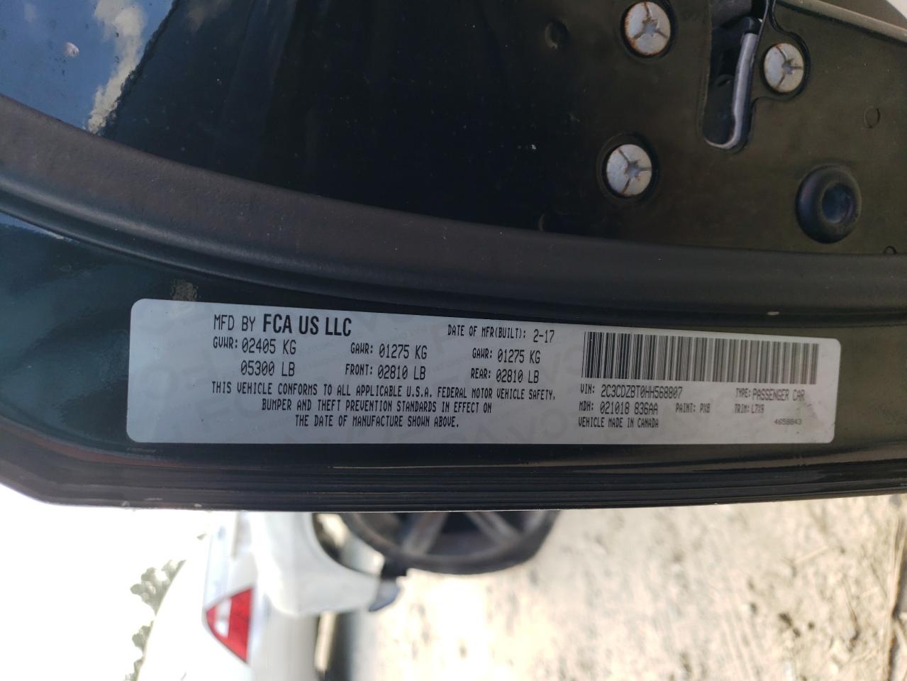 2017 Dodge Challenger VIN 2C3CDZBT0HH568807 Copart auction photo, burn damage thumbnail 12