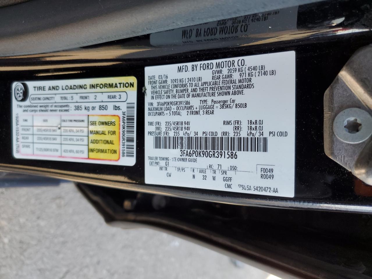 2016 Ford Fusion VIN 3FA6P0K90GR391586 Copart auction photo, rear end / side damage thumbnail 13