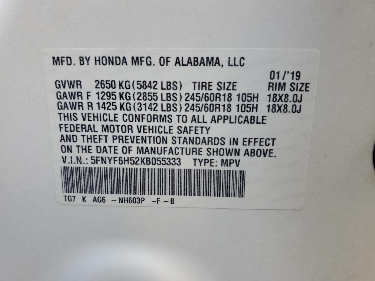 2019 Honda Pilot VIN 5FNYF6H52KB055333 Copart auction photo, water/flood / minor dent/scratches damage thumbnail 13