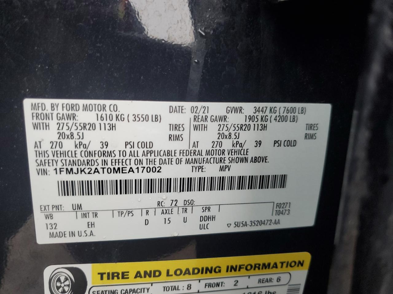 2021 Ford Expedition VIN 1FMJK2AT0MEA17002 Copart auction photo, side / rear end damage thumbnail 13