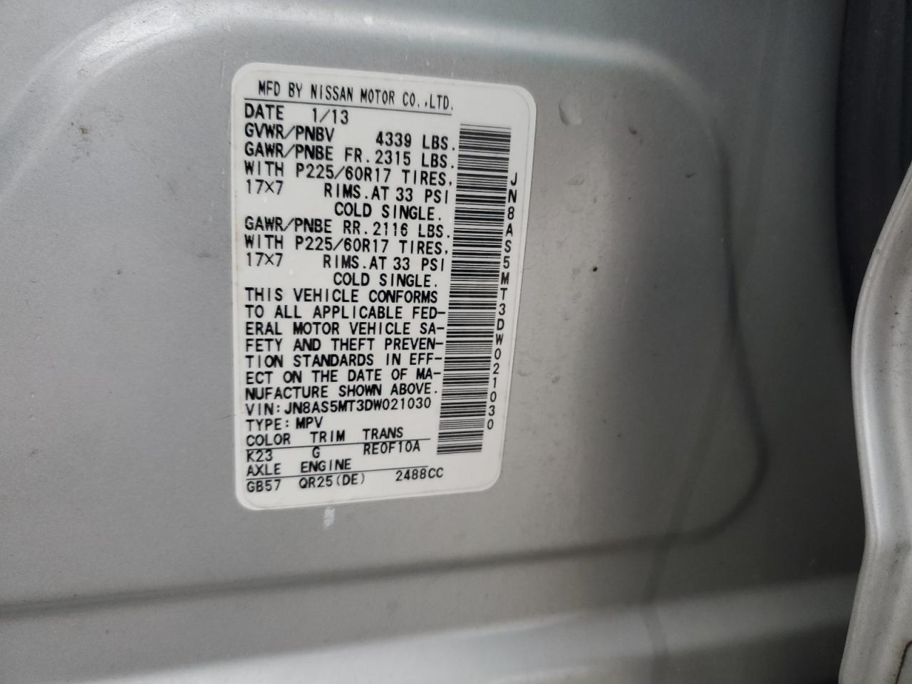 2013 Nissan Rogue VIN JN8AS5MT3DW021030 Copart auction photo, front end damage thumbnail 15