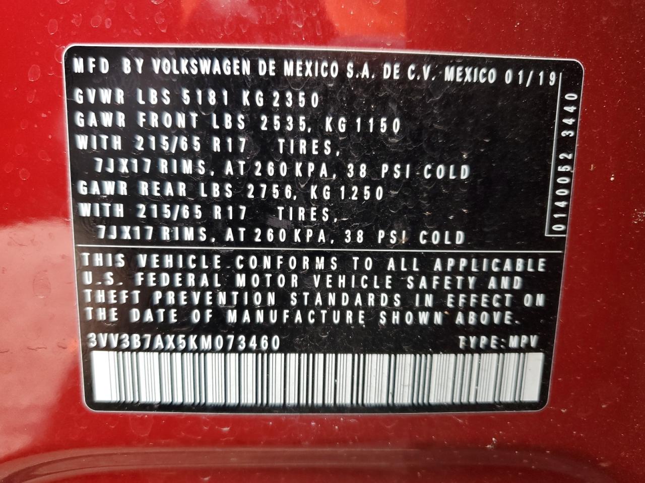 2019 Volkswagen Tiguan VIN 3VV3B7AX5KM073460 Copart auction photo, front end damage thumbnail 13