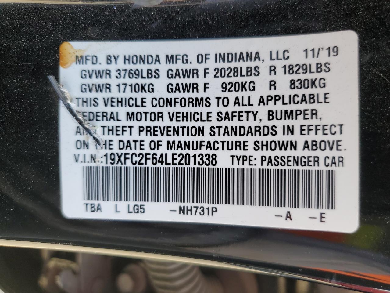 2020 Honda Civic VIN 19XFC2F64LE201338 Copart auction photo, front end damage thumbnail 14
