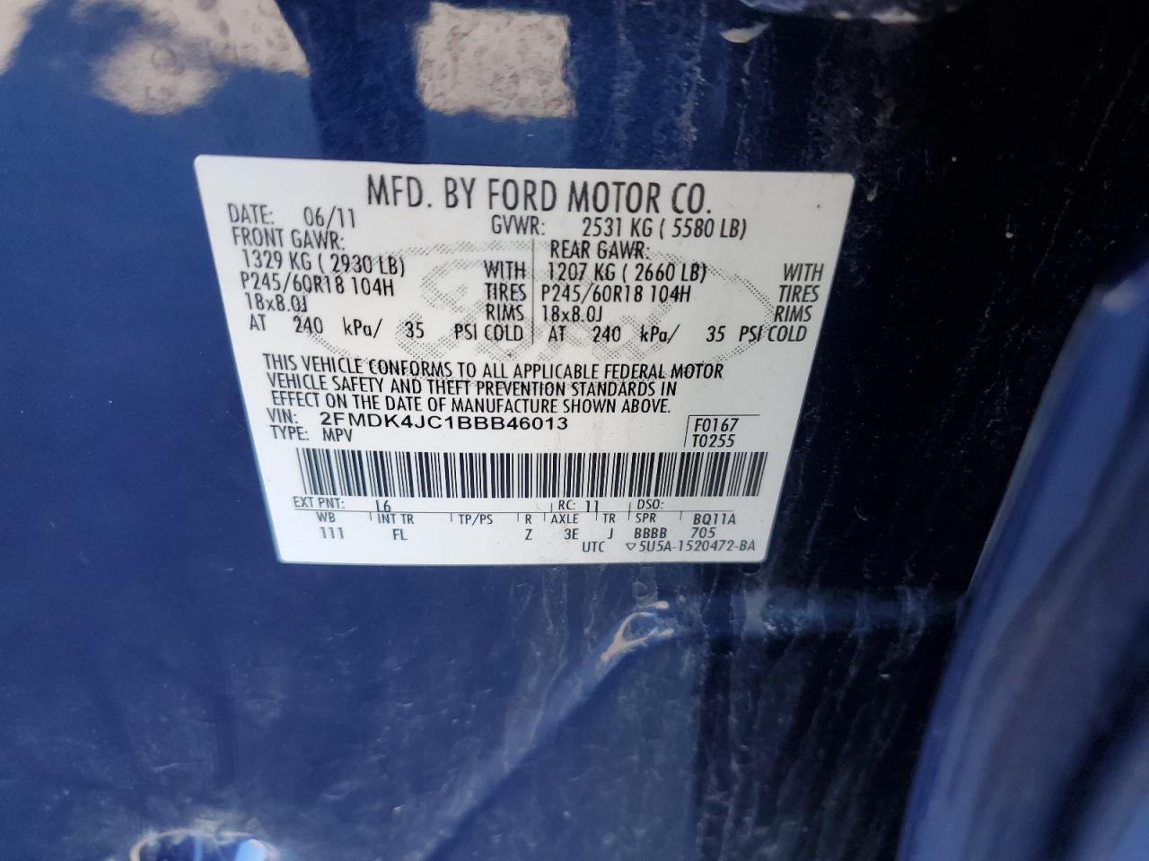 2011 Ford Edge VIN 2FMDK4JC1BBB46013 Copart auction photo, front end / side damage thumbnail 14