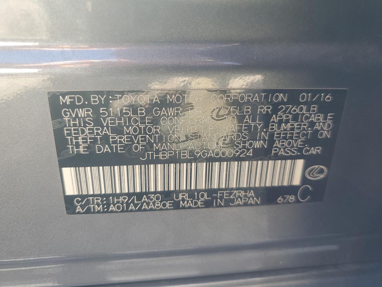 2016 Lexus GS F VIN JTHBP1BL9GA000924 Copart auction photo, vandalism damage thumbnail 12