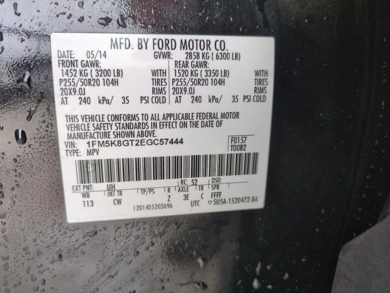 2014 Ford Explorer VIN 1FM5K8GT2EGC57444 Copart auction photo, front end damage thumbnail 12
