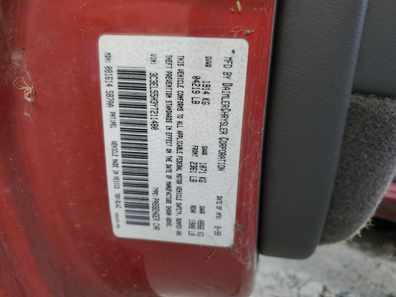 2000 Chrysler Sebring VIN 3C3EL55H3YT211480 Copart auction photo, undercarriage / side damage thumbnail 12