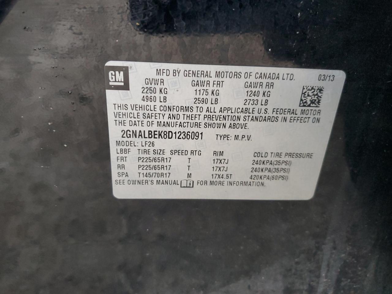 2013 Chevrolet Equinox VIN 2GNALBEK8D1236091 Copart auction photo, front end / undercarriage damage thumbnail 15