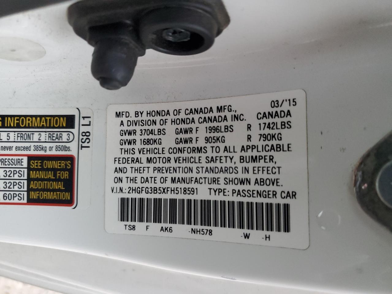 2015 Honda Civic VIN 2HGFG3B5XFH518591 Copart auction photo, front end / side damage thumbnail 12