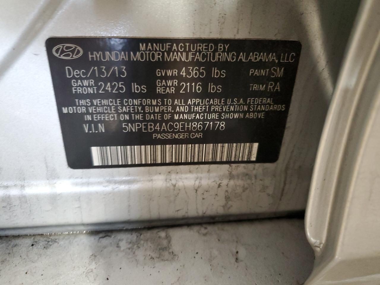 2014 Hyundai Sonata VIN 5NPEB4AC9EH867178 Copart auction photo, rear end damage thumbnail 12