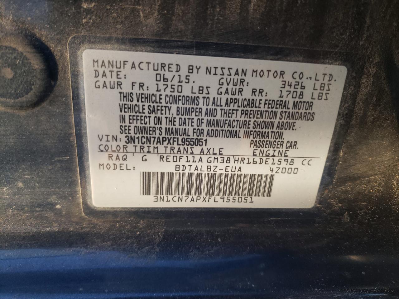 2015 Nissan Versa VIN 3N1CN7APXFL955051 Copart auction photo, front end damage thumbnail 14