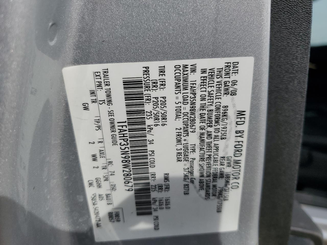 2008 Ford Focus VIN 1FAHP35N98W280679 Copart auction photo, rear end / front end damage thumbnail 12