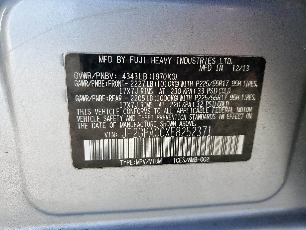 2014 Subaru XV VIN JF2GPACCXE8252371 Copart auction photo, side damage thumbnail 15