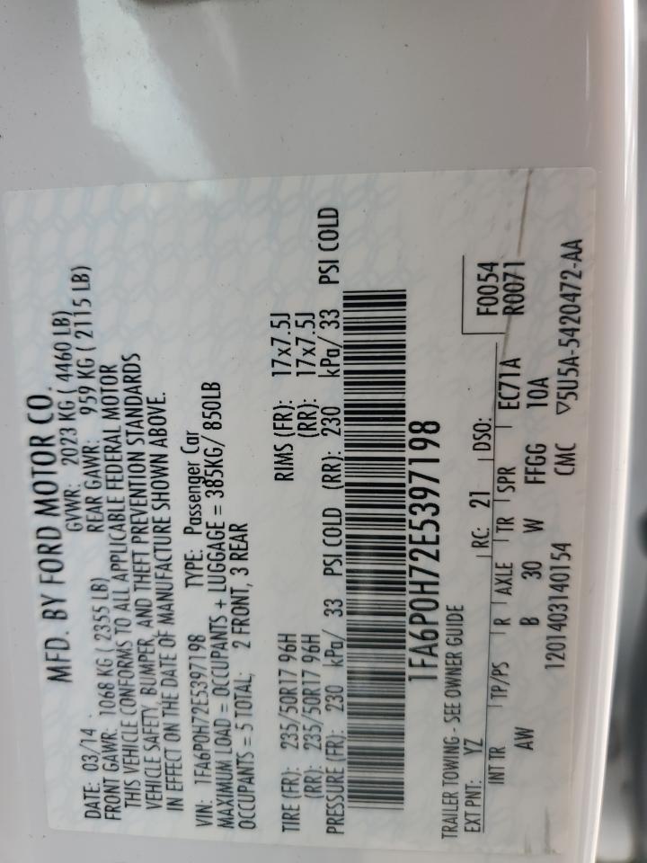 2014 Ford Fusion VIN 1FA6P0H72E5397198 Copart auction photo, front end damage thumbnail 14