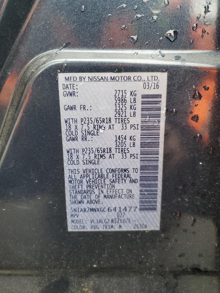 2016 Nissan Pathfinder VIN 5N1AR2MNXGC641477 Copart auction photo, front end damage thumbnail 14