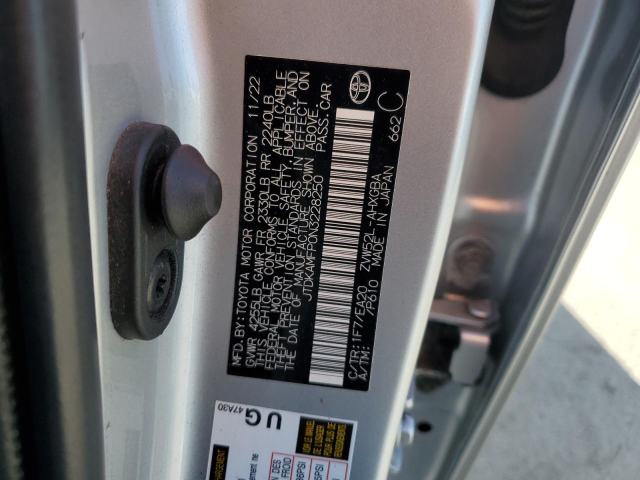 2022 Toyota Prius VIN JTDKAMFP0N3228250 Copart auction photo, all over damage thumbnail 12