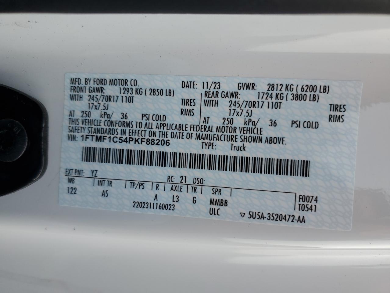 2023 Ford F-150 VIN 1FTMF1C54PKF88206 Copart auction photo, front end damage thumbnail 12