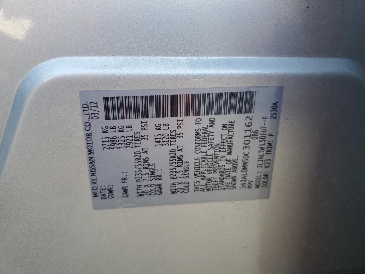 2013 Infiniti JX VIN 5N1AL0MM5DC301162 Copart auction photo, rear end damage thumbnail 15